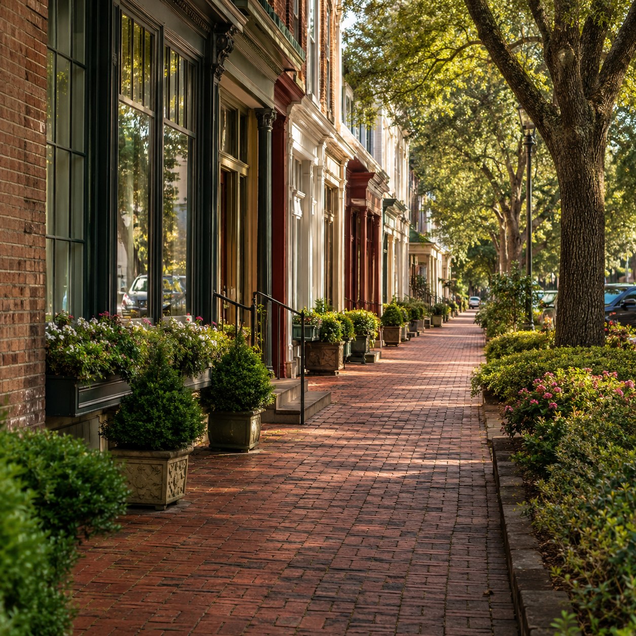 Brick sidewalk leading past historic storefronts with a planted median and oaks in the background.