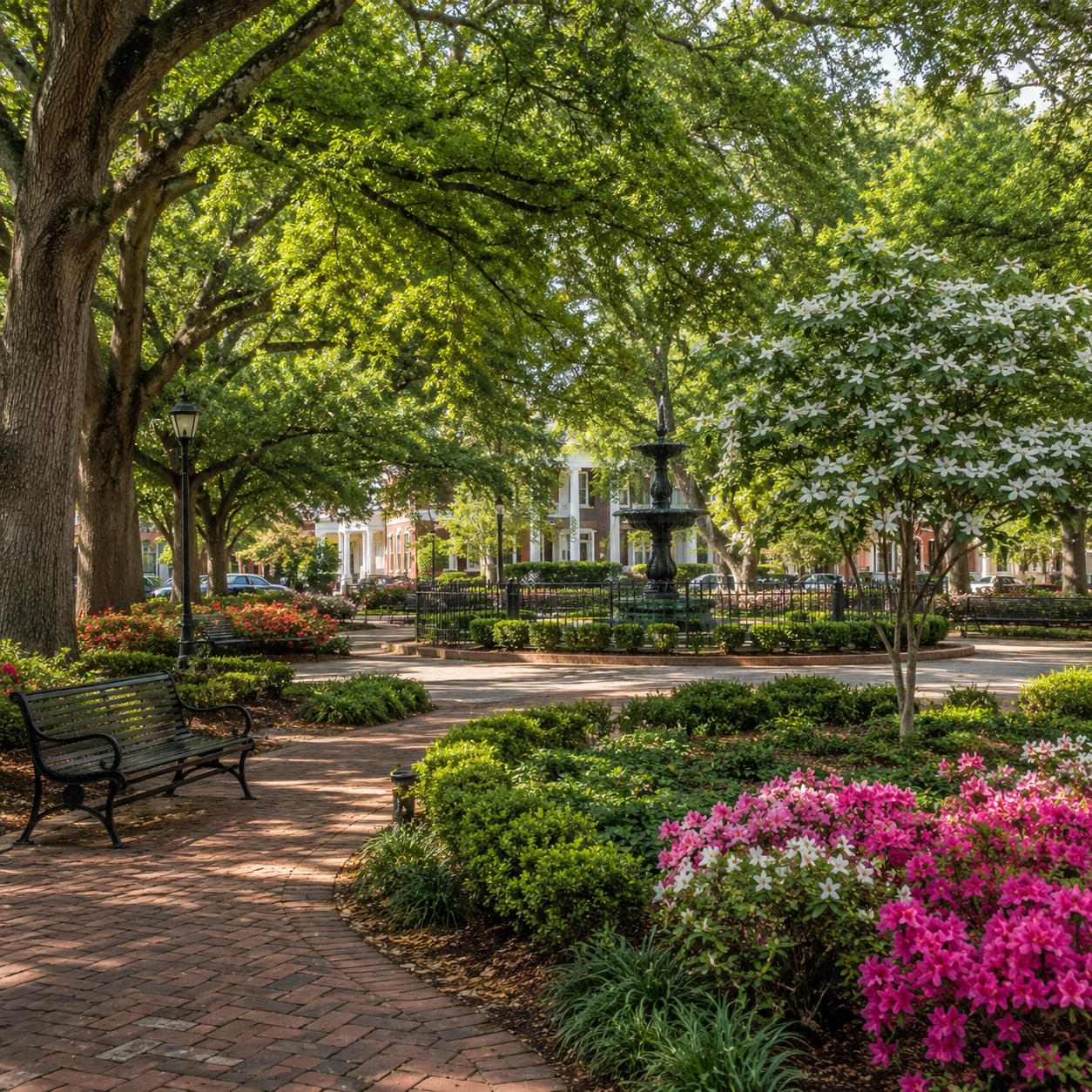 A community event, downtown market, or gardened park with shaded benches near the town center.