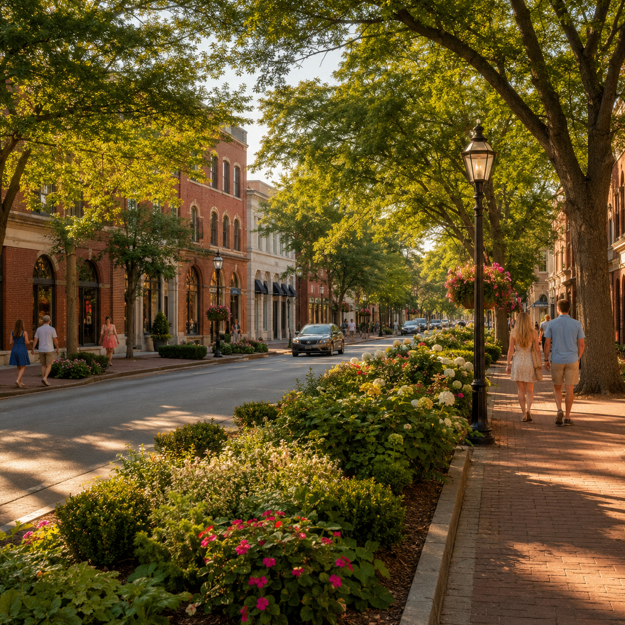 Tree-shaded downtown Aiken parkway with warm afternoon light.