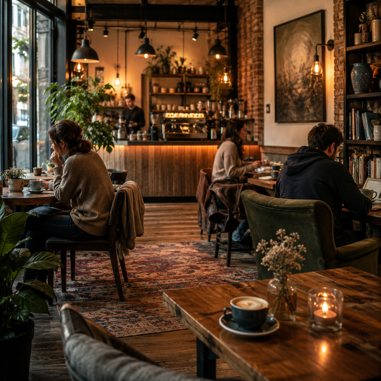 A cozy downtown coffee shop interior or restaurant patio with warm light and seated guests.