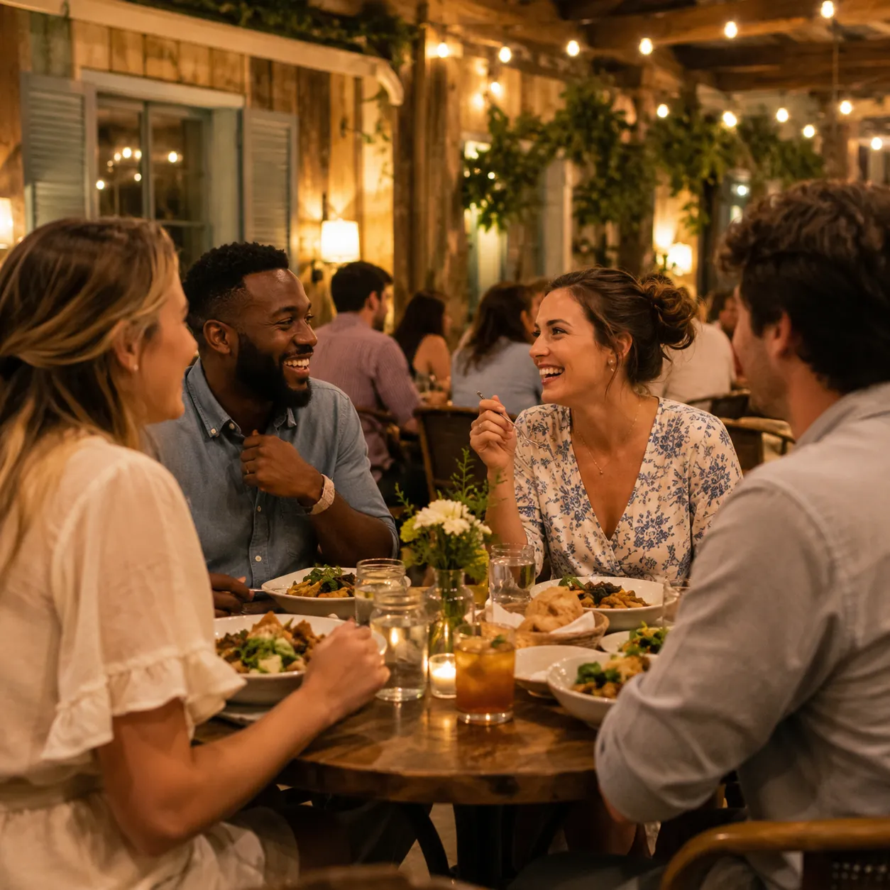 A warm restaurant interior or patio table with friends sharing a casual meal in soft evening light.