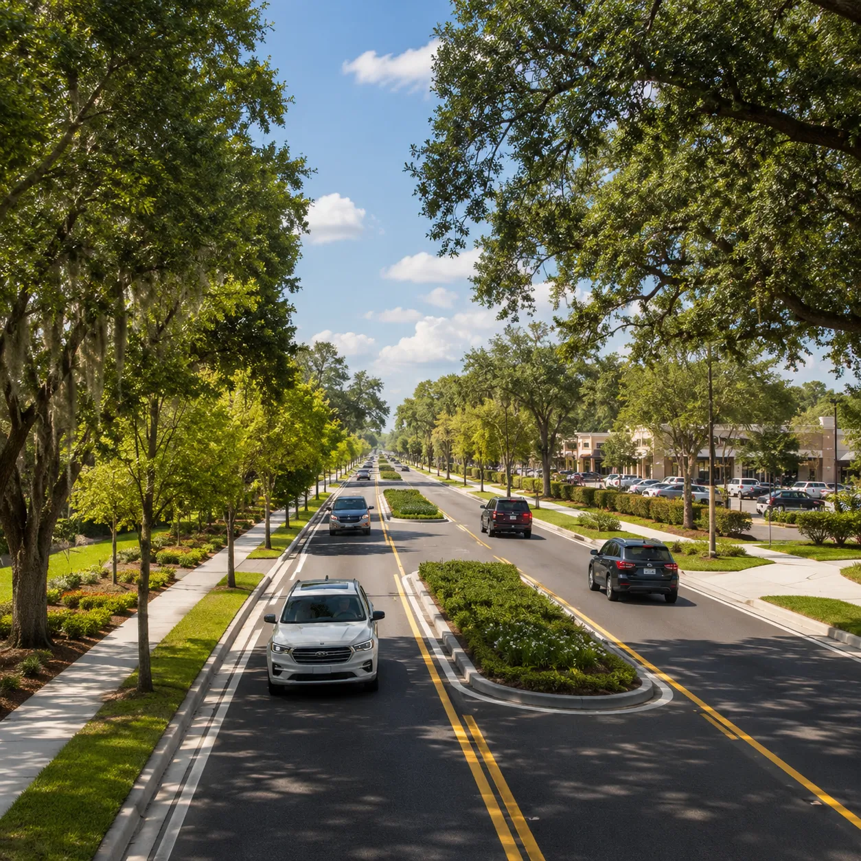 A bright, tree-lined view along the Whiskey Road corridor with green medians and Southern oaks in soft afternoon light.