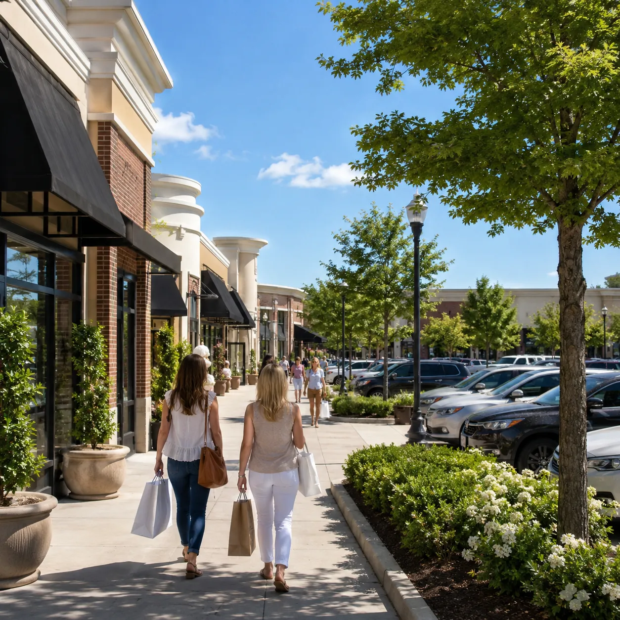 A welcoming shopping plaza scene with clean storefronts, easy parking, and shoppers strolling with bags on a sunny day.