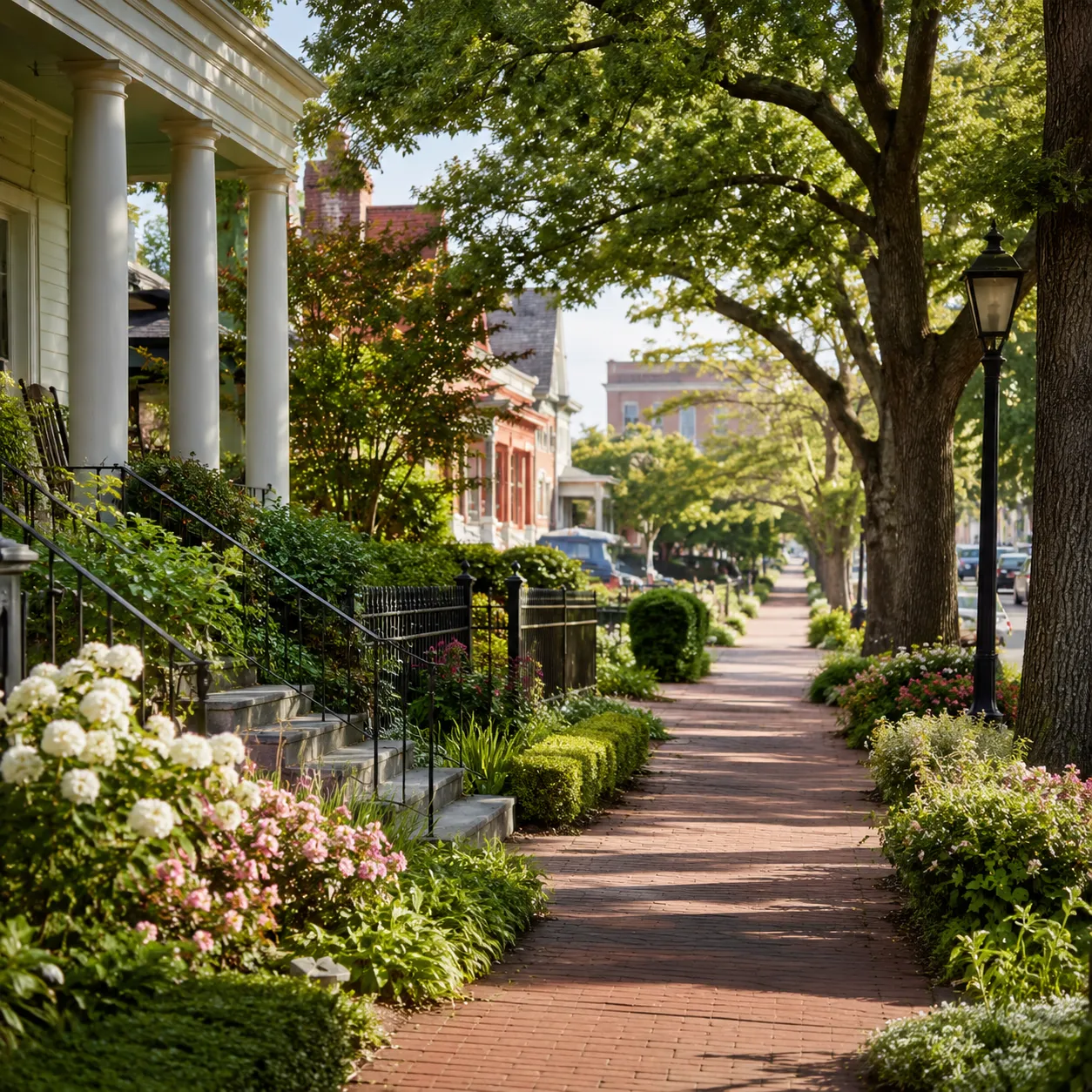 A walkable historic district sidewalk with gardens and a glimpse of downtown, or two people strolling under the oaks.