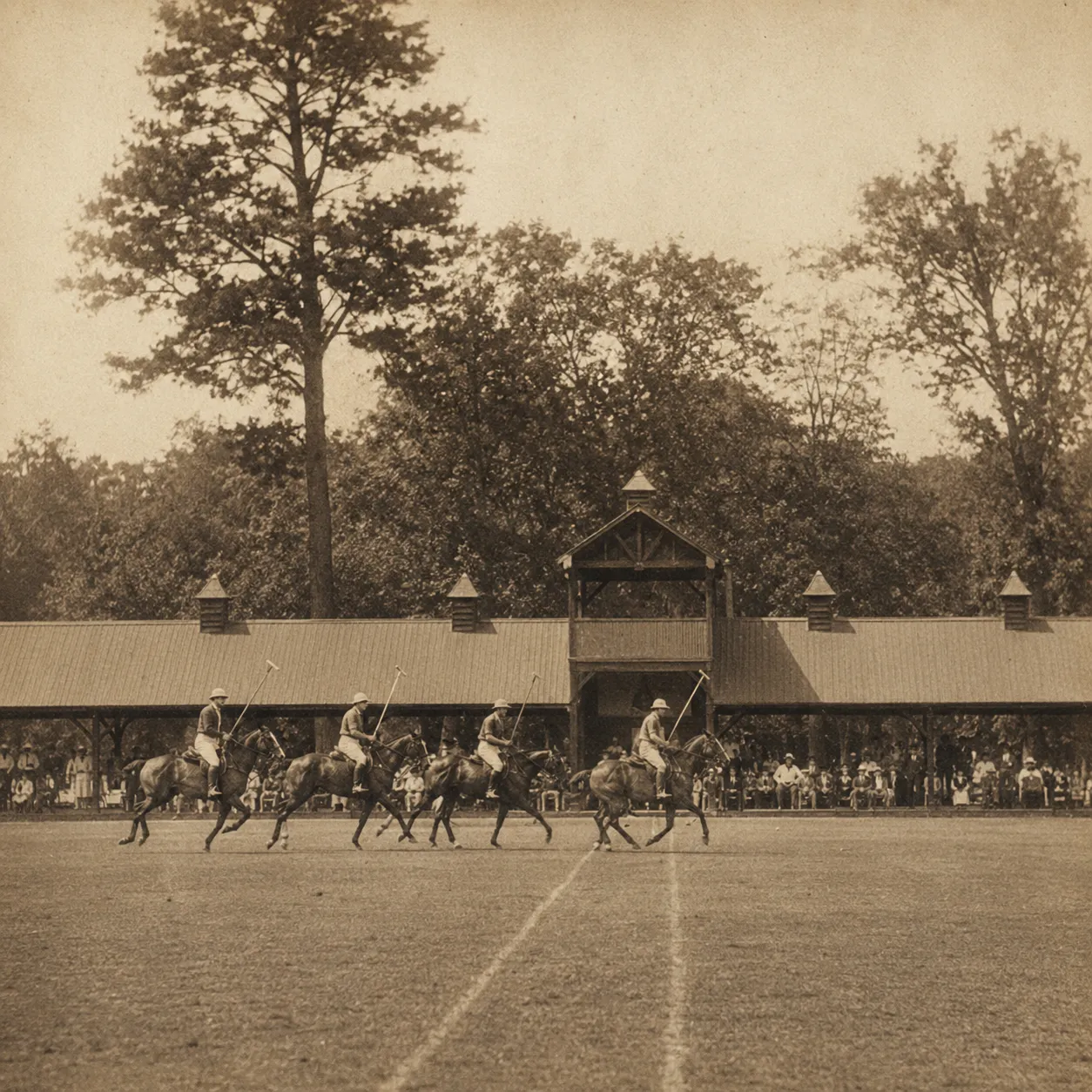 A stately Winter Colony estate framed by tall pines, or a vintage-style photo of early polo at Whitney Field.