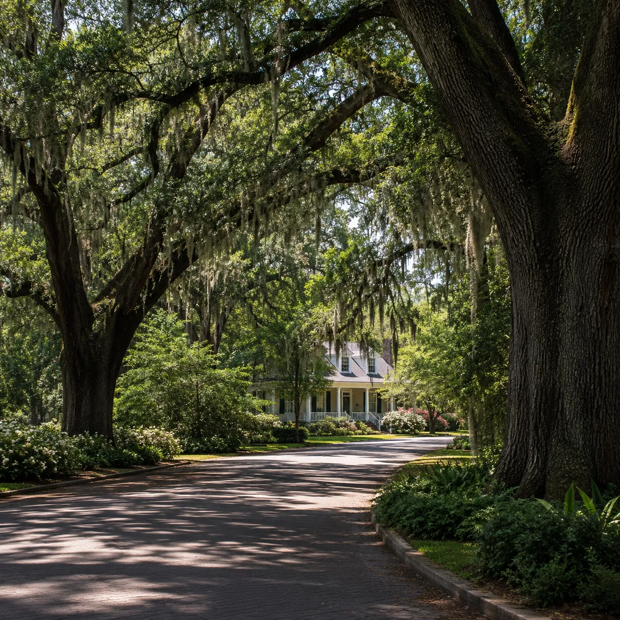 A wide, sun-dappled Aiken parkway lined with mature oaks, with a historic Winter Colony cottage softly in the background.