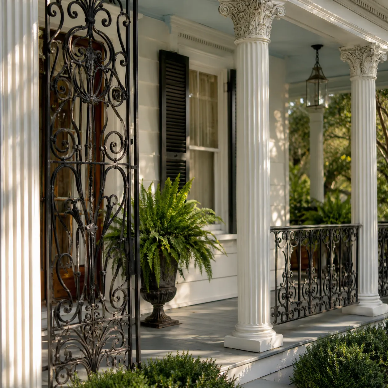 A close-up of a historic Aiken home’s porch and ironwork, or a long view down a green-median parkway.