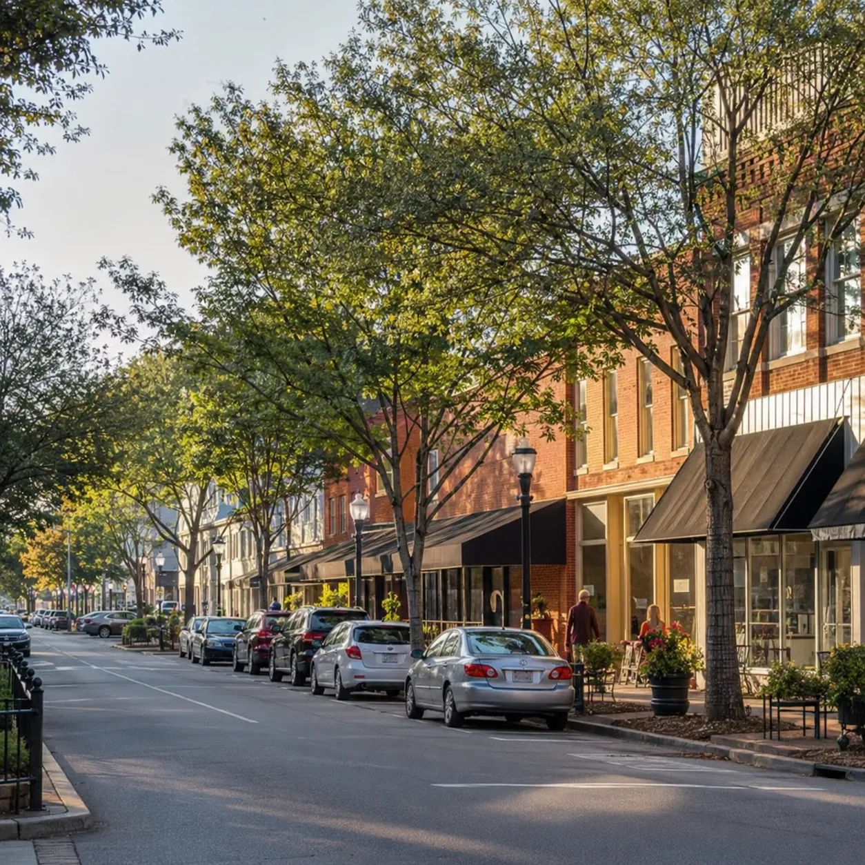 Wide morning shot of Laurens Street downtown, soft light, brick storefronts, a few people walking. Warm and welcoming, not staged.