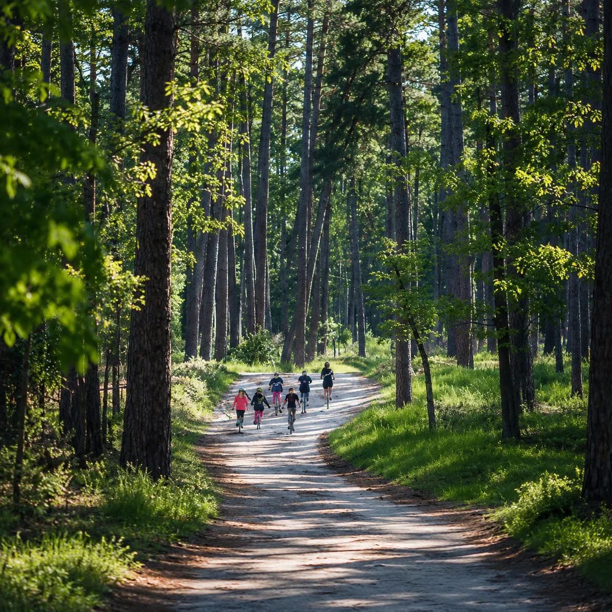 Sandy trail winding under tall longleaf pines in Hitchcock Woods, dappled light, peaceful.