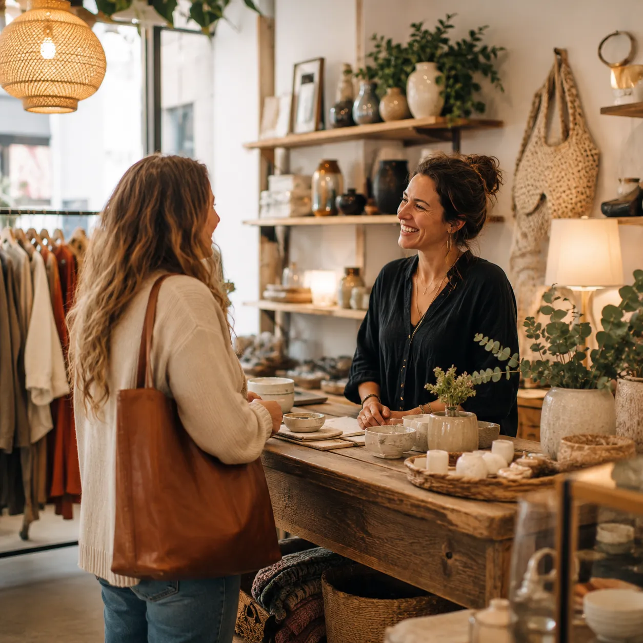 A welcoming boutique interior with curated shelves and a shop owner mid conversation. Friendly, local, warm.