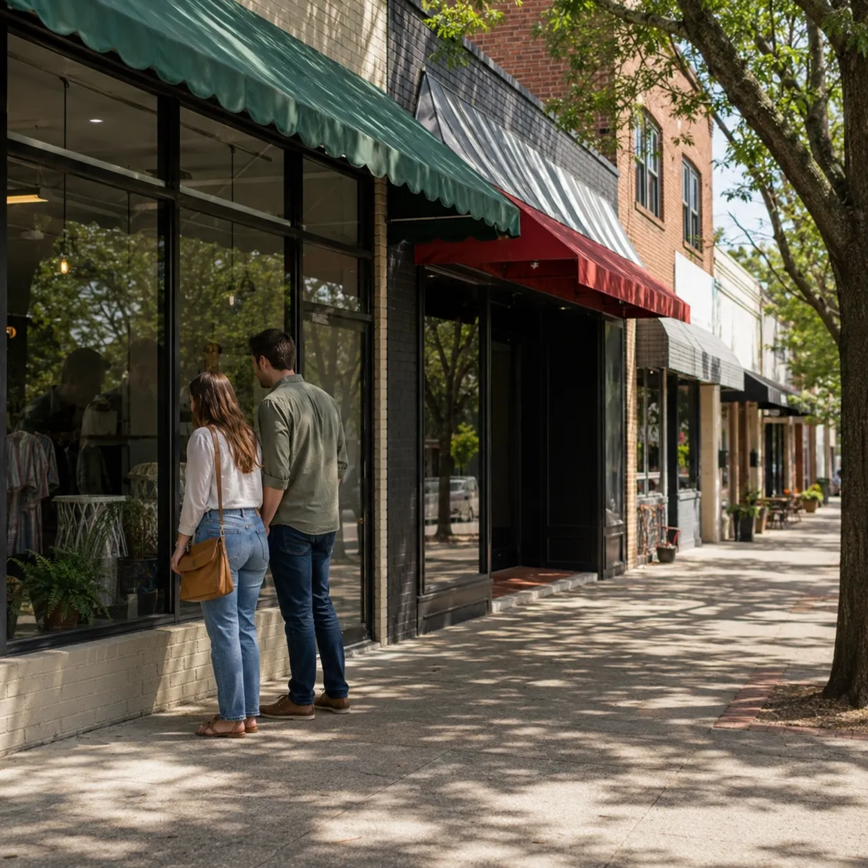 Street level shot of Laurens Street storefronts and a shaded sidewalk, with a couple browsing a boutique window.