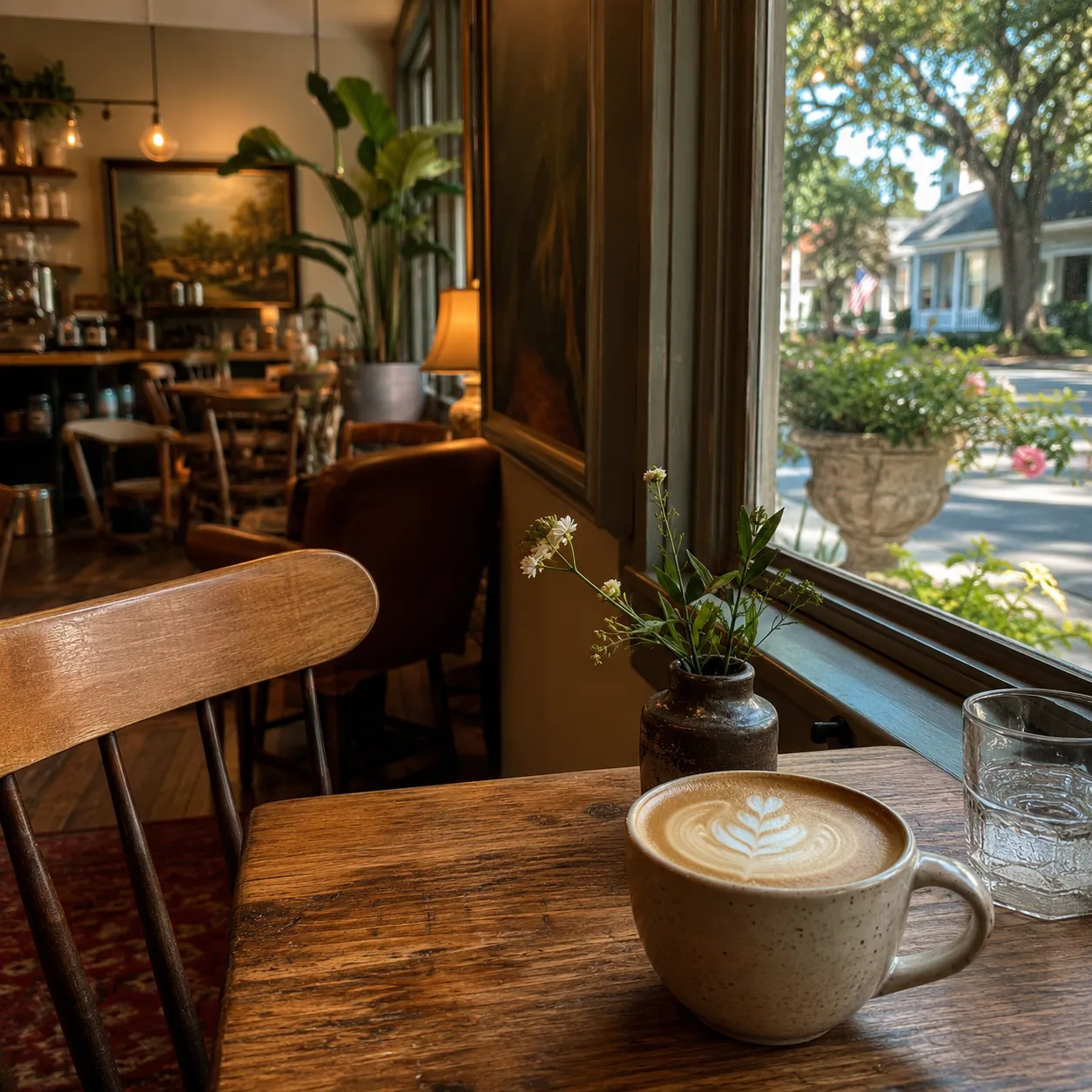 Cozy interior of a local Aiken coffee shop, latte on a wooden table near a window, warm and unhurried.