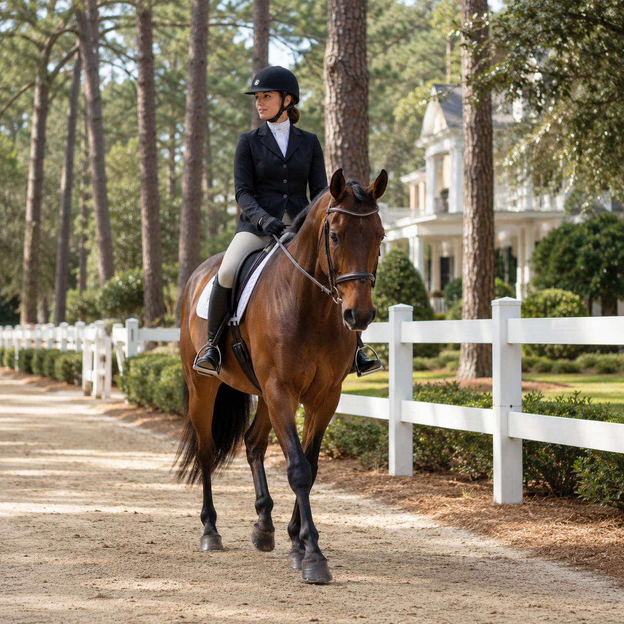 A horse and rider on a sandy lane in the Historic Horse District, white fencing and pines behind. Calm and elegant, not rustic.