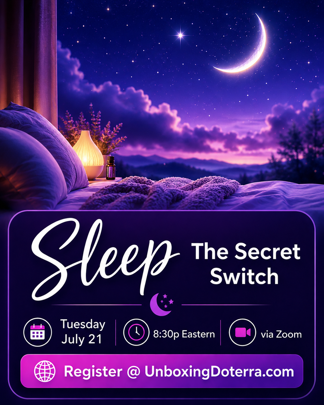 Picture of  glowing brain with synapsis firing overlay with workshop title Sleep the Secret Switch date May 7th at 8:30pm via zoom
