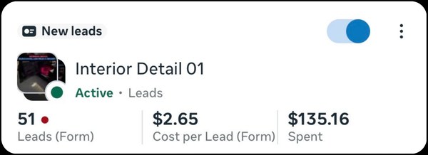 Live ad campaign result showing lead volume and cost