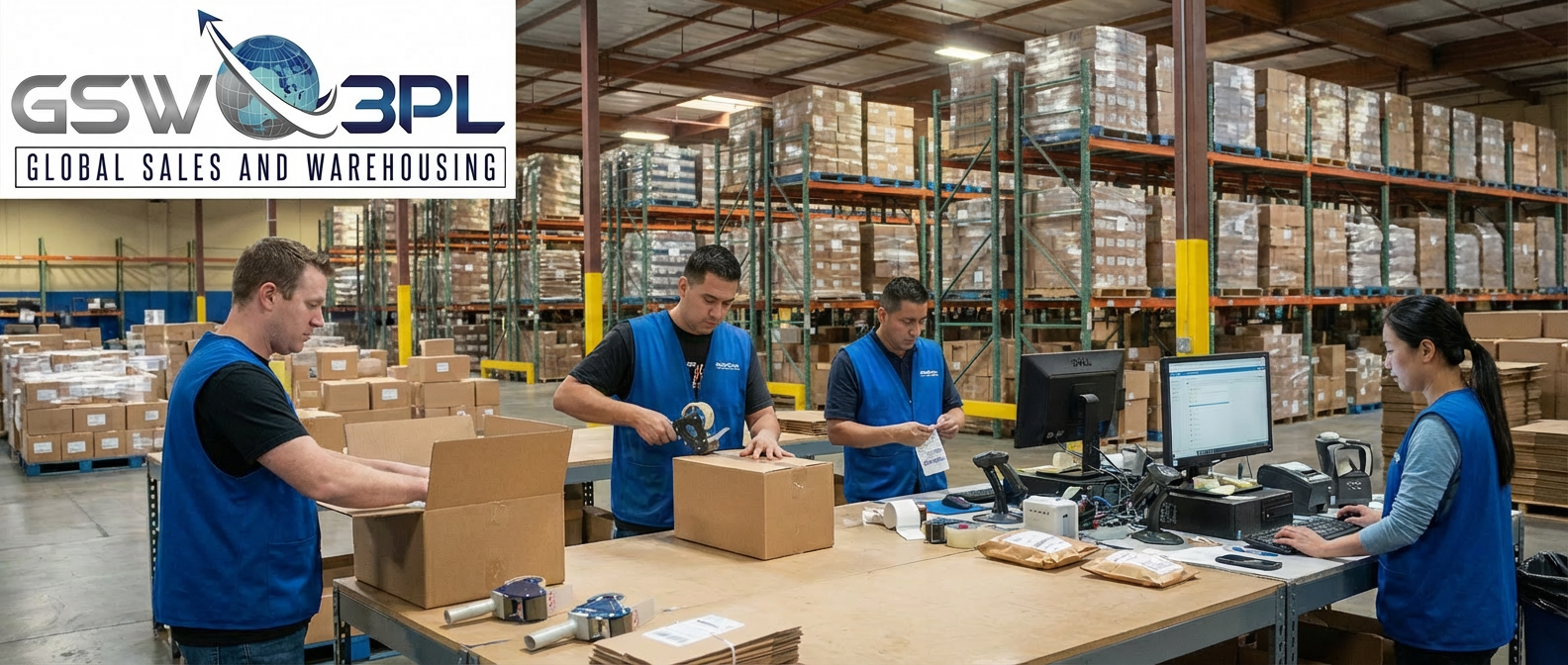 GSW 3PL eCommerce fulfillment warehouse showing pick-pack team, forklift operations, and Shopify WooCommerce Wix Magento platform support