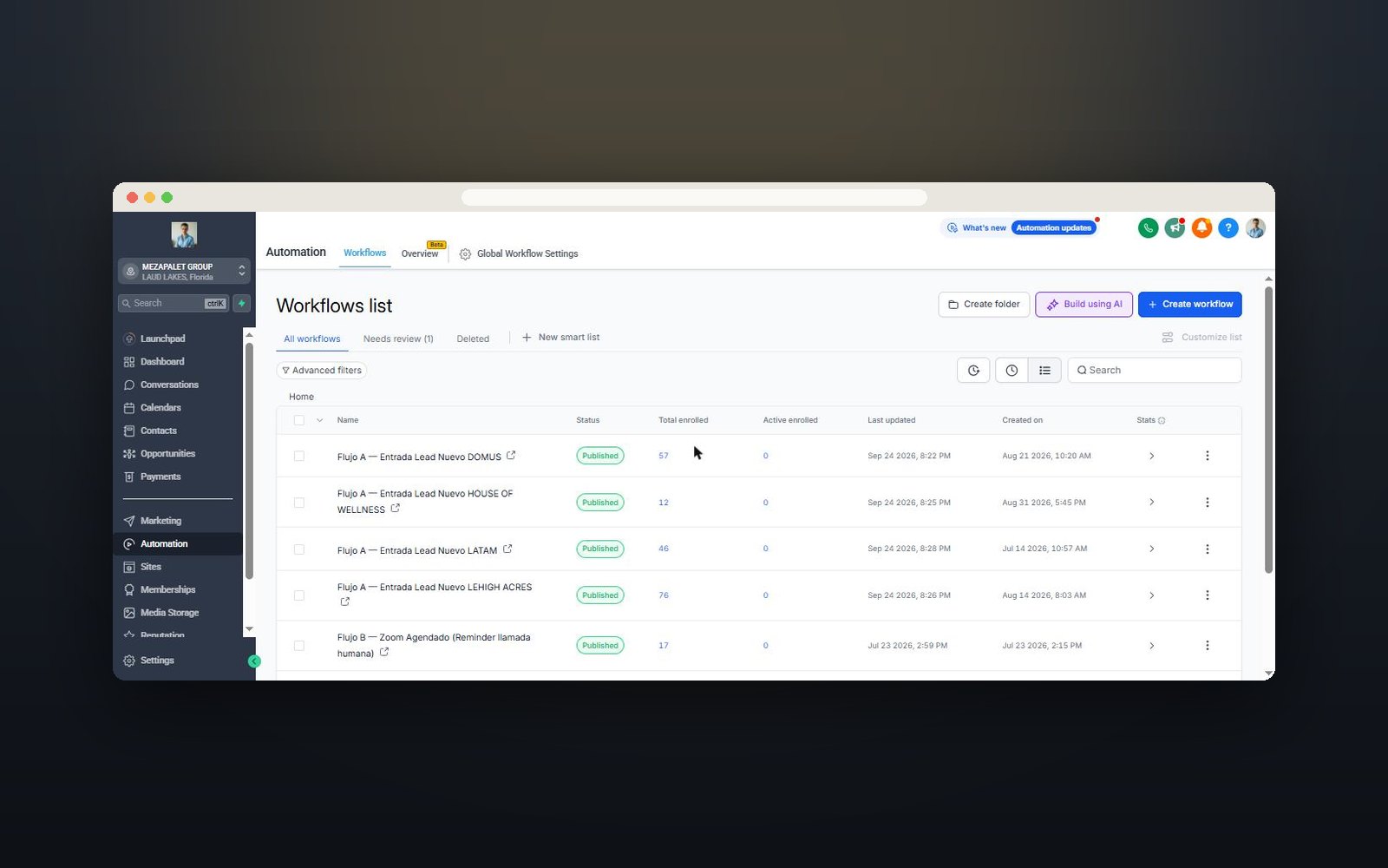 Entrada: cada lead nuevo activa su flujo según el proyecto