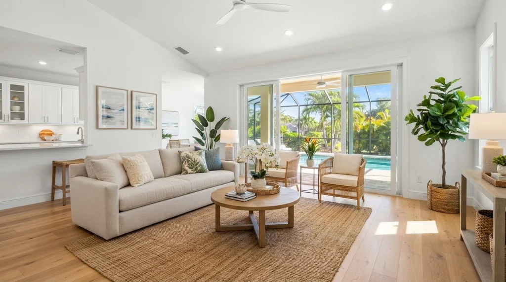 A bright, freshly cleaned modern Florida living room