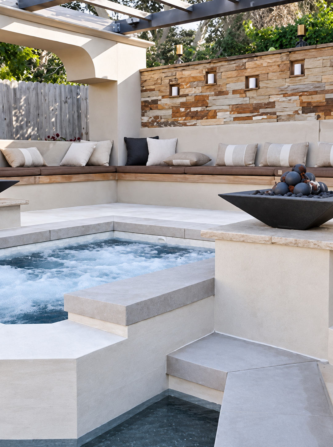 Spa with fire bowl and travertine decking