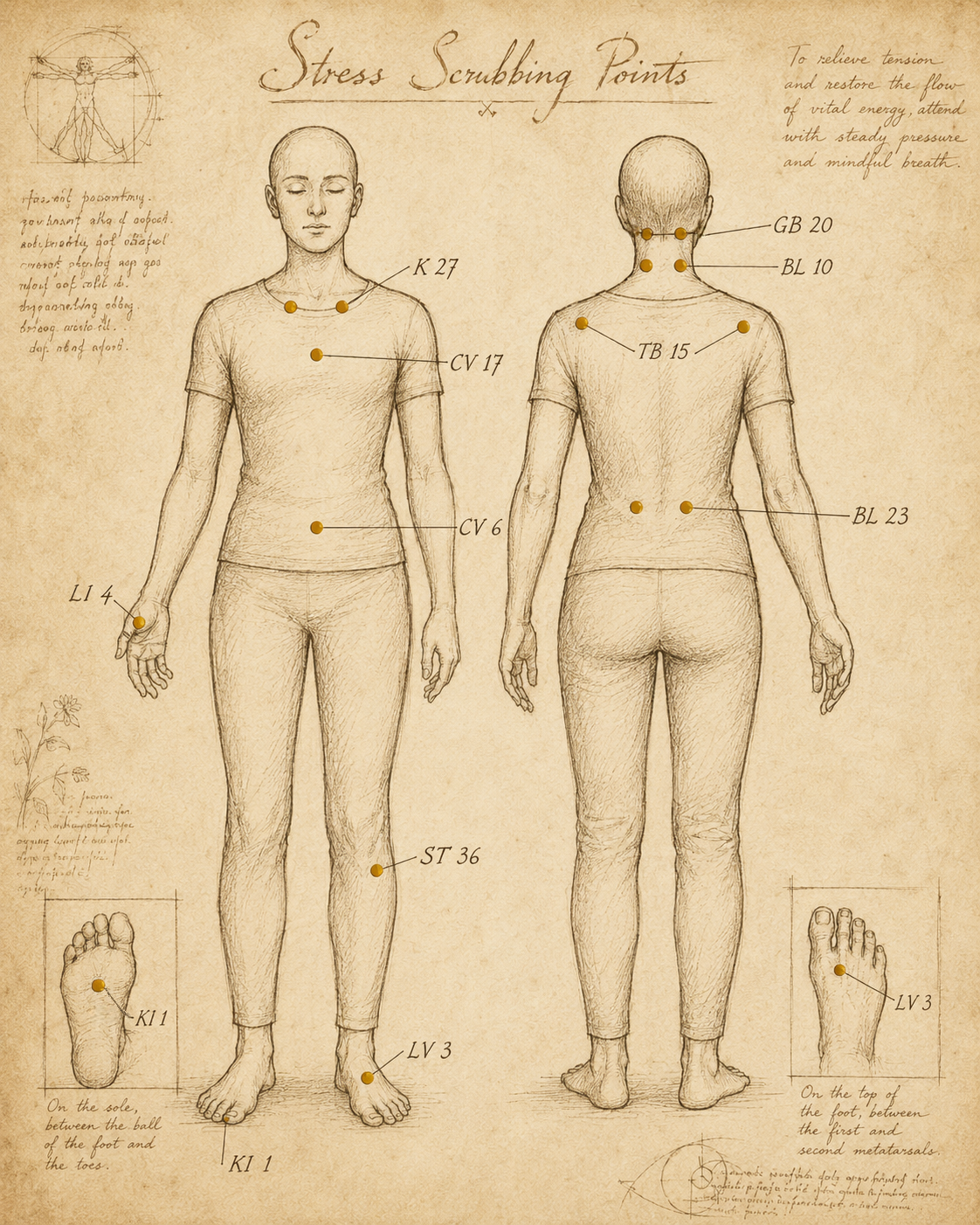 Stress Scrubbing Points diagram showing front and back view acupressure locations
