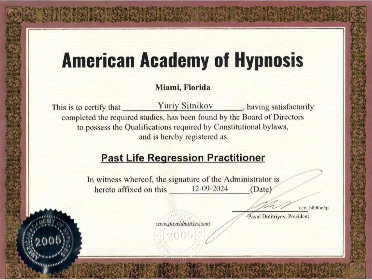 American Academy of Hypnosis certificate 1