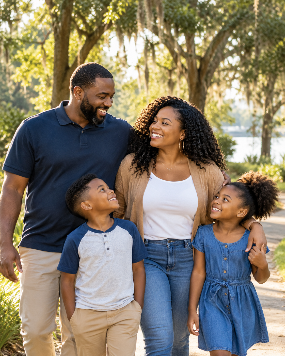 Black family together outdoors in the community