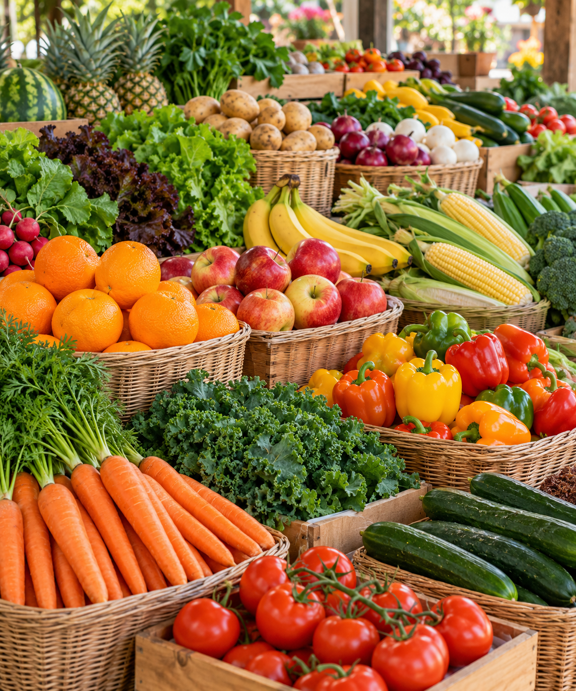 Display of fresh fruits and vegetables