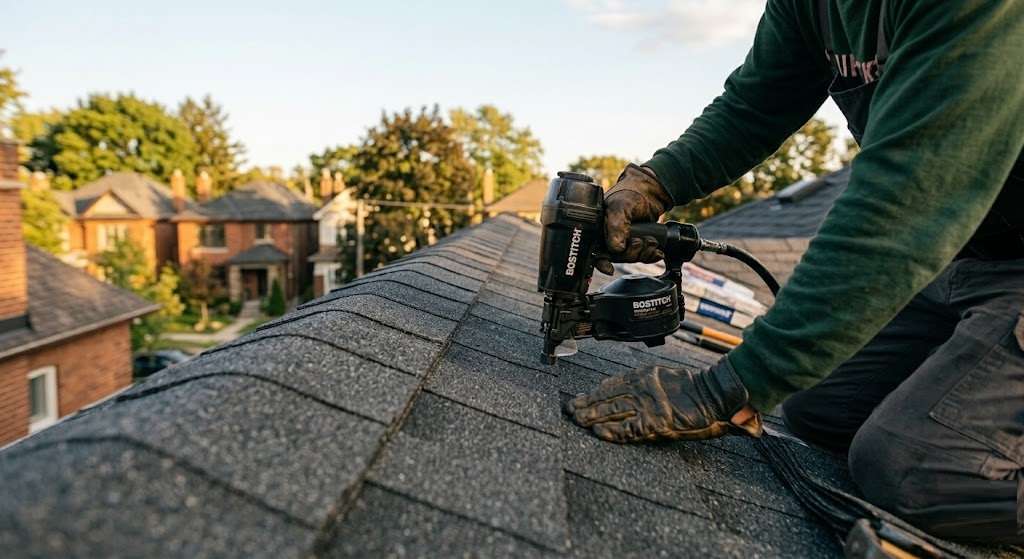 Technician performing precision shingle drilling and system detailing