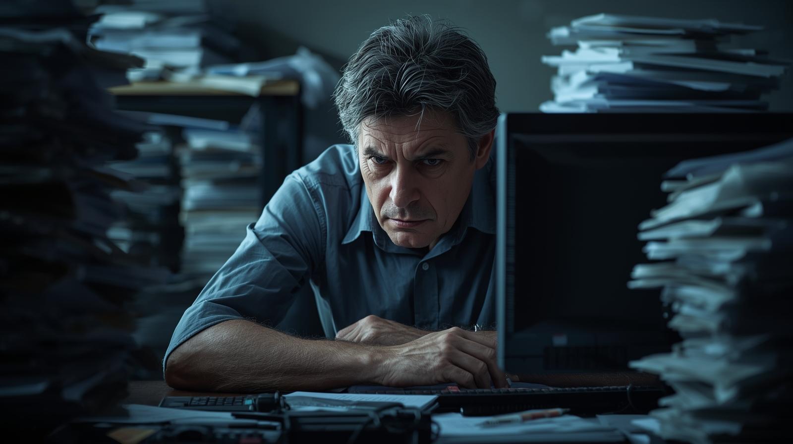 Image of man looking very busy and unhappy