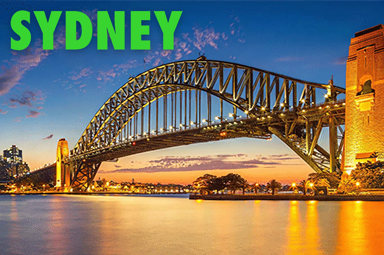 Sydney Harbour Bridge at sunset, advertising the Sydney tradie event