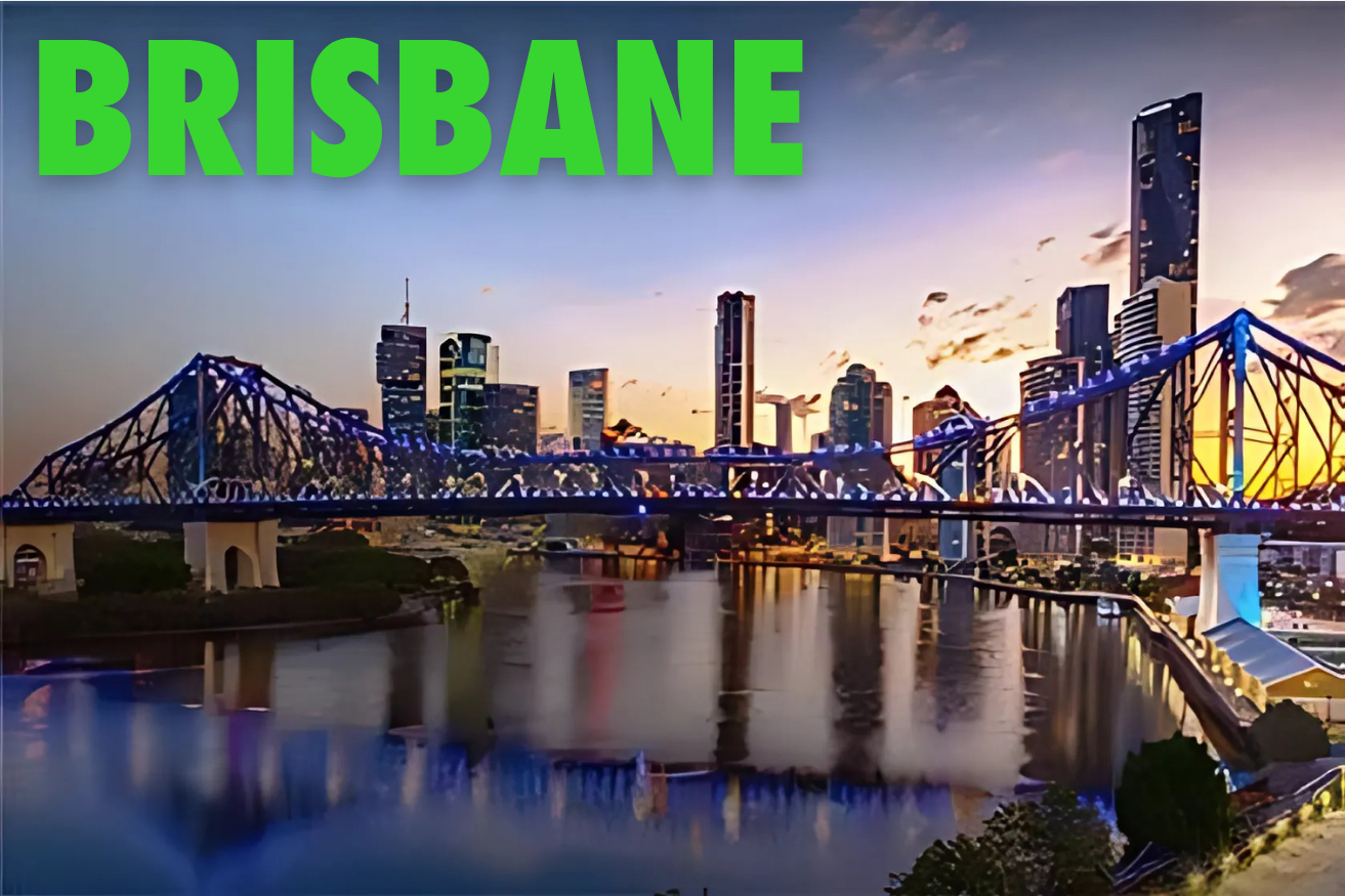 Brisbane city skyline at night promoting Stress Free Tradie event location