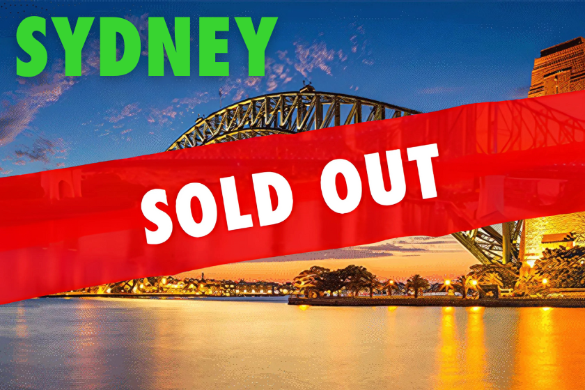 Sydney Harbour Bridge at sunset, advertising the Sydney tradie event