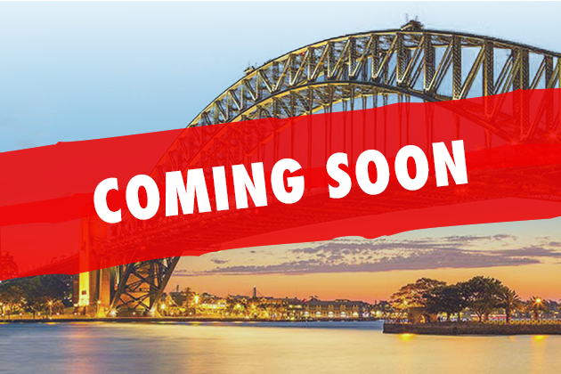 Sydney Harbour Bridge at sunset, advertising the Sydney tradie event