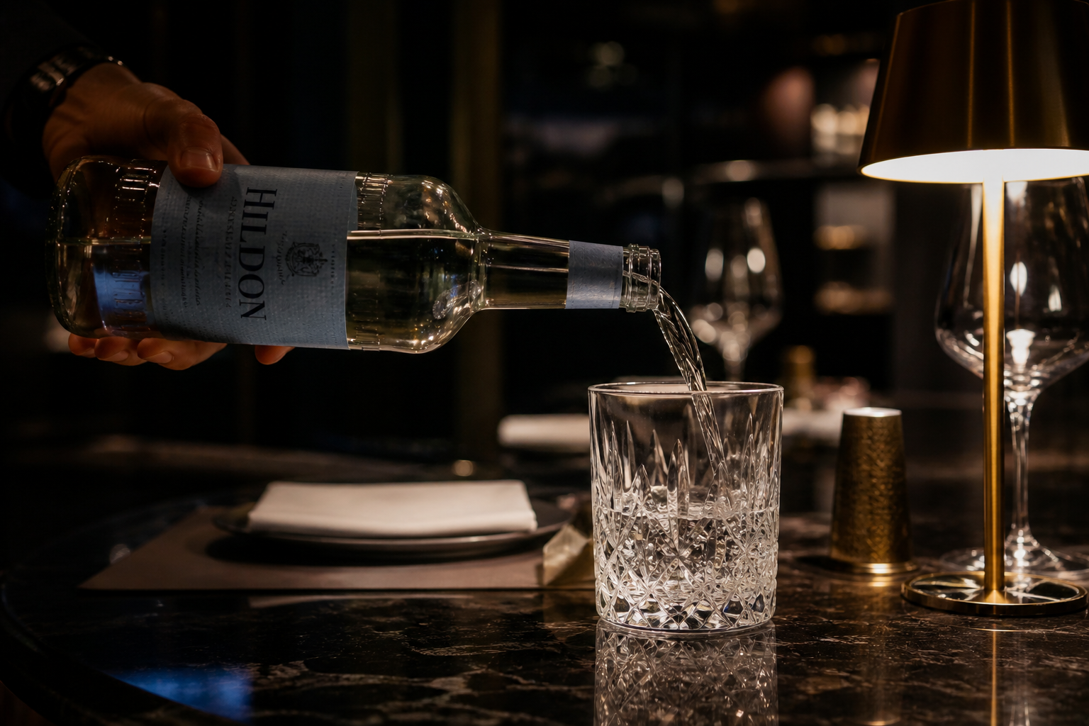 Premium mineral water being poured into crystal glass