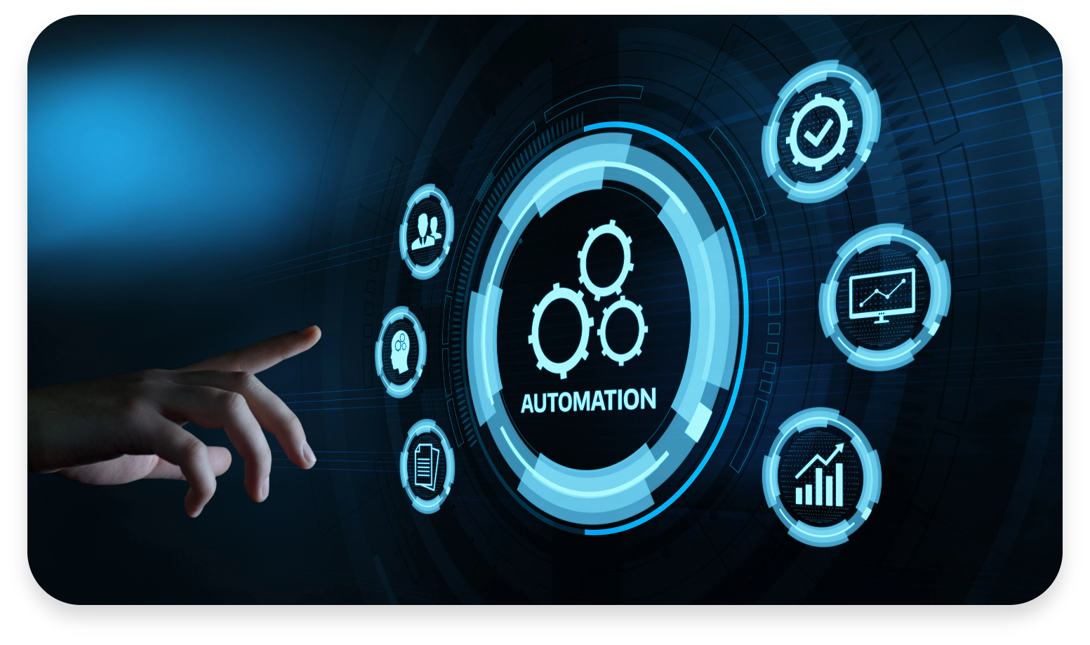 Hand reaching towards an interactive digital interface displaying automation icons, symbolizing AI-powered lead capture and marketing automation services.