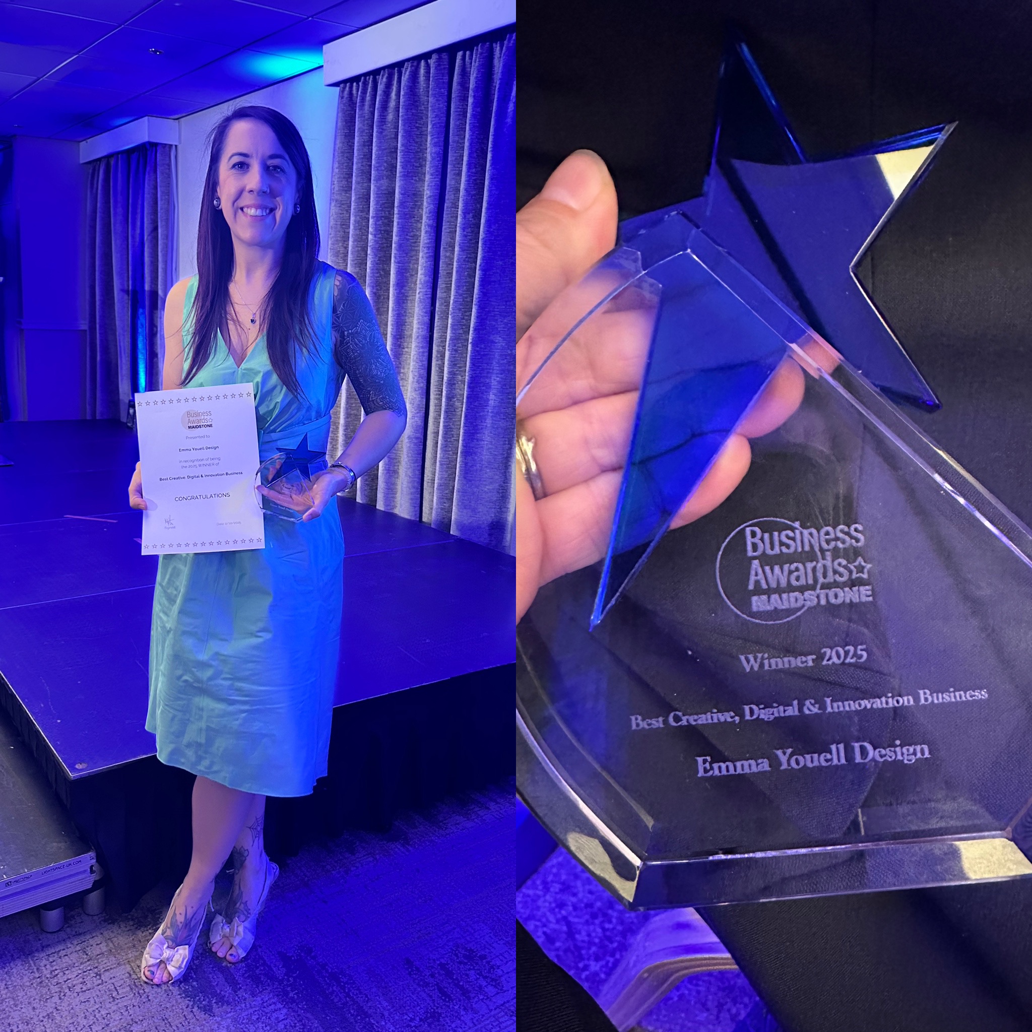 Emma Youell Winning the creative, digital and innovation award for her Business at the Kent Business Awards in Maidstone. Emma Youell Winning the creative, digital and innovation award for her Business at the Kent Business Awards in Maidstone.