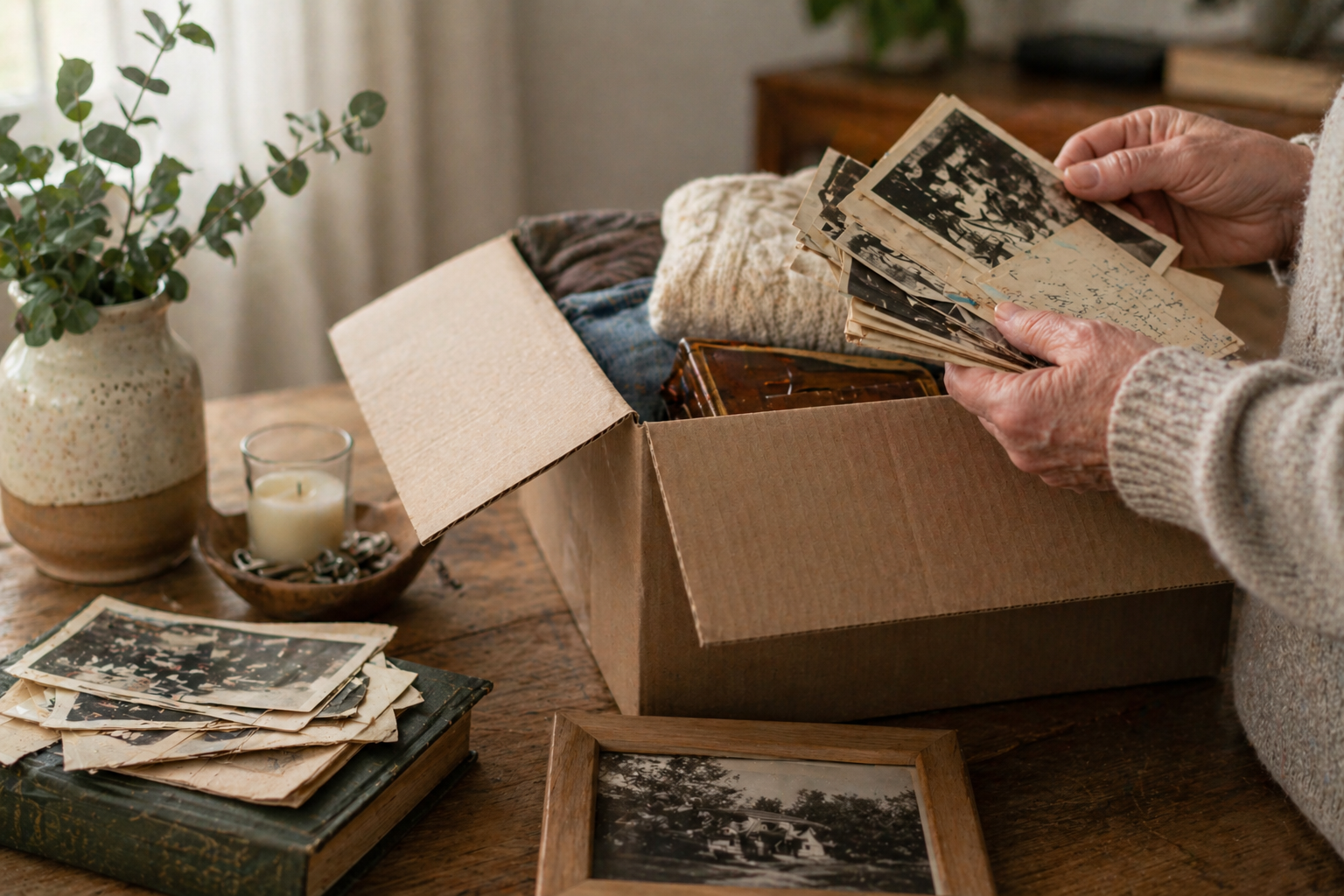 Sorting through years of belongings and old photos during a home downsizing process