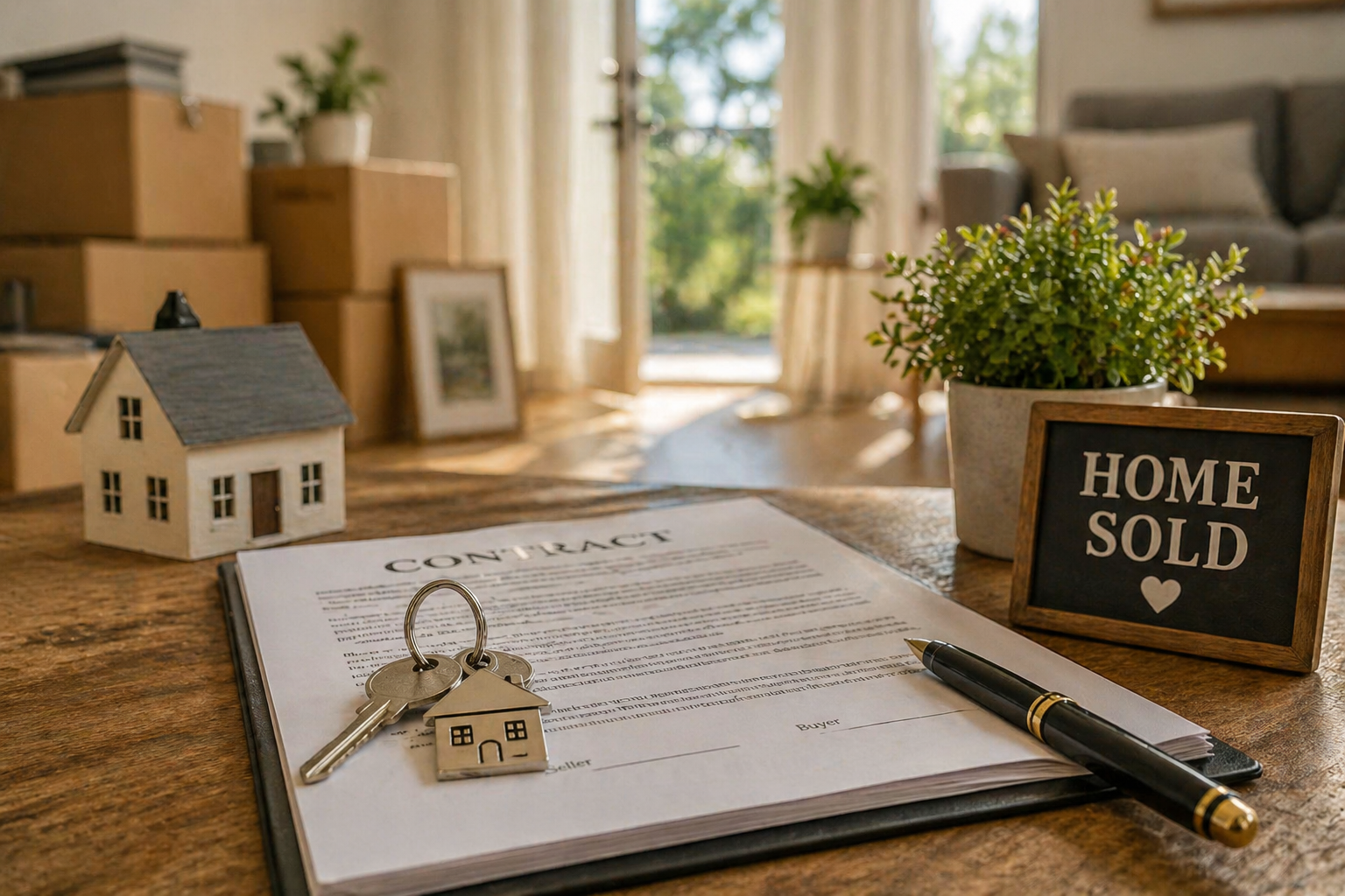 Home sale closing with signed contract, keys, and sold sign in a Central Texas home