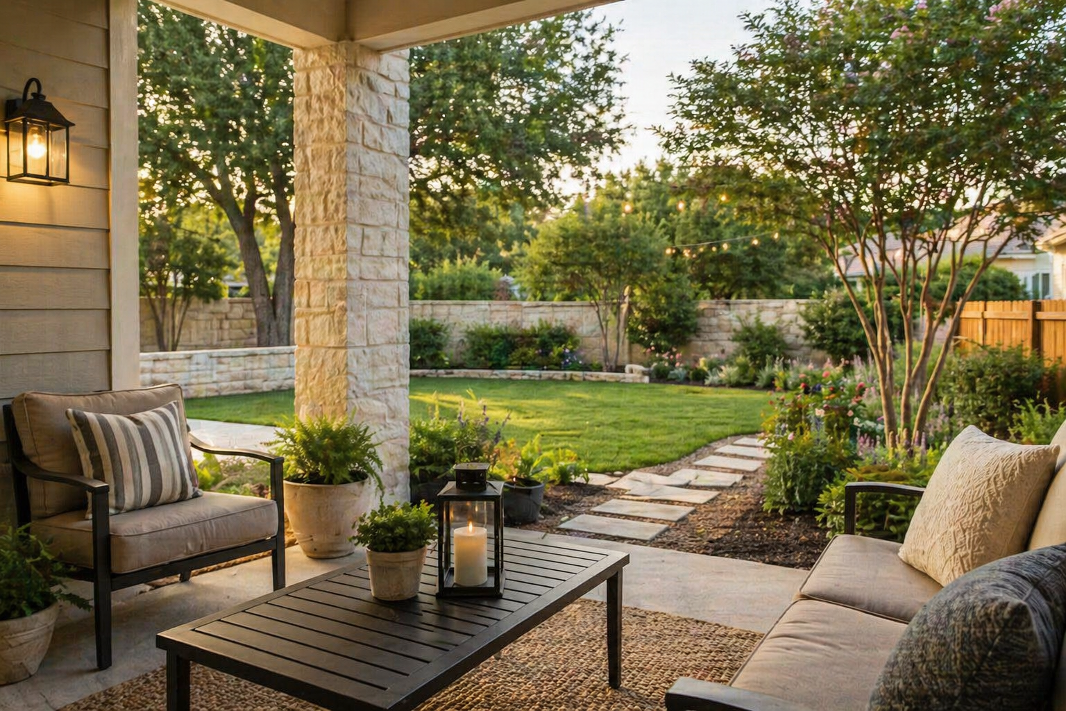 Peaceful backyard patio of a Central Texas home after downsizing and simplifying living
