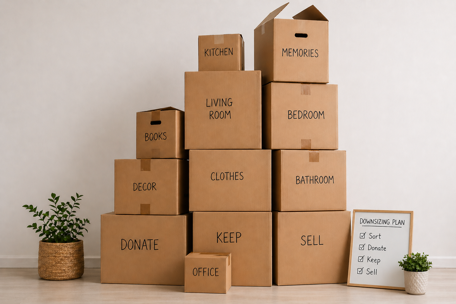 Organizing moving boxes to prepare a long-time home for sale in Central Texas