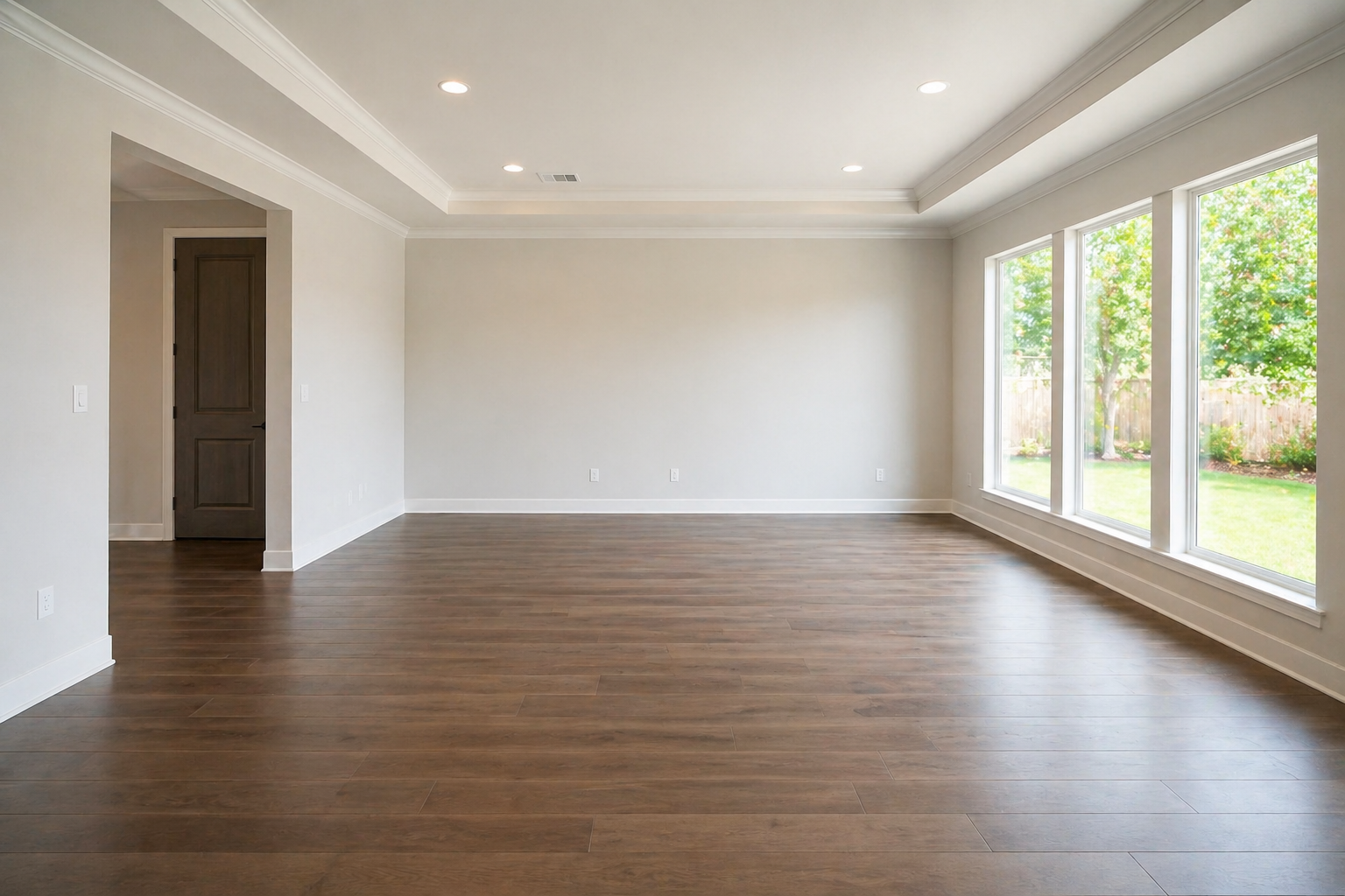 Bright empty living room in a Central Texas home prepared for sale after moving out