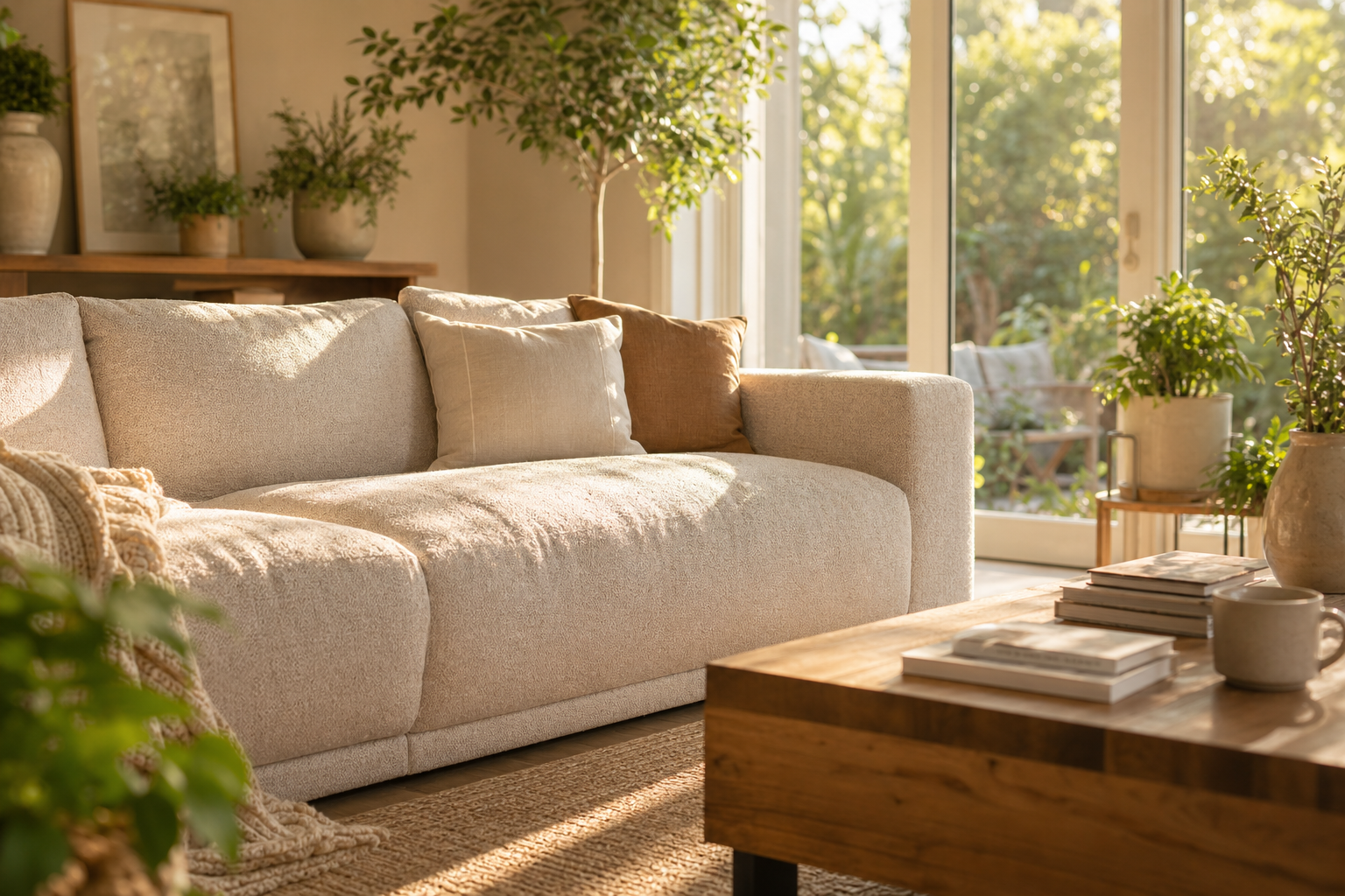 Sunlit modern living room with neutral sofa, natural light, and staged interior design in Central Texas home