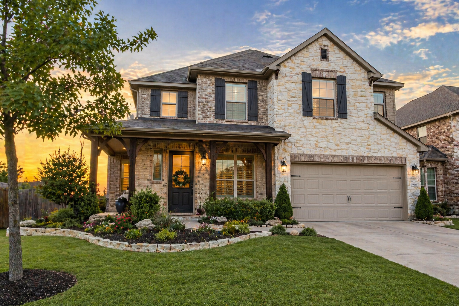 Two story home in Georgetown Texas with stone exterior and landscaped yard at sunset