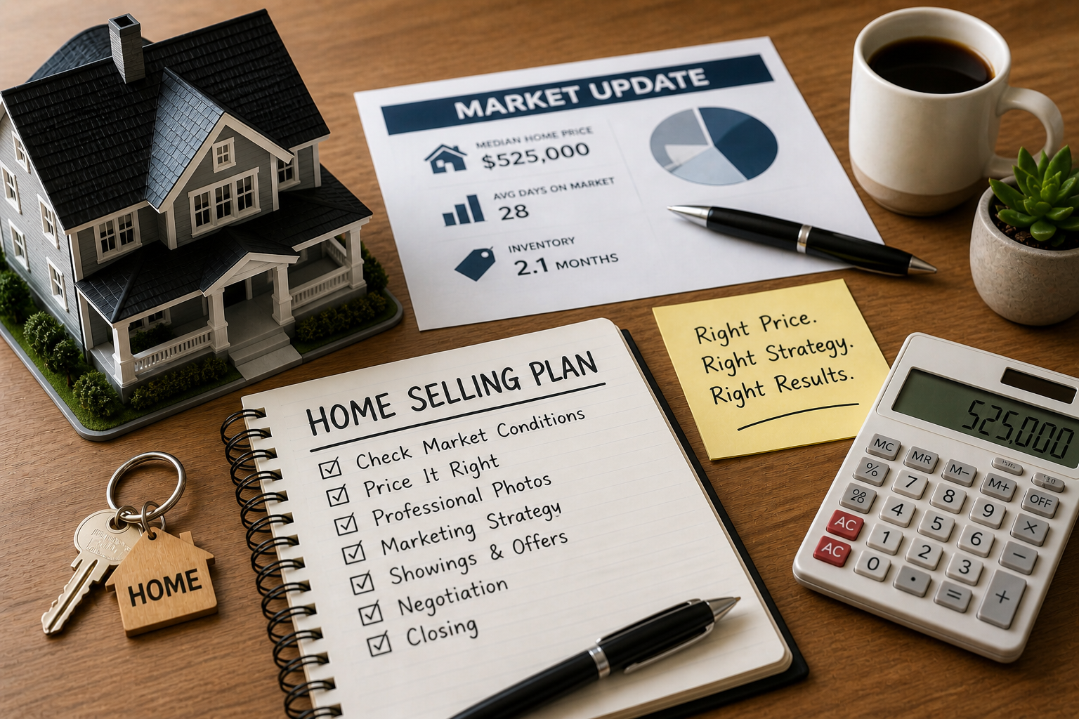 Real estate planning setup with home model, calculator, and checklist representing pricing and selling strategy in Central Texas