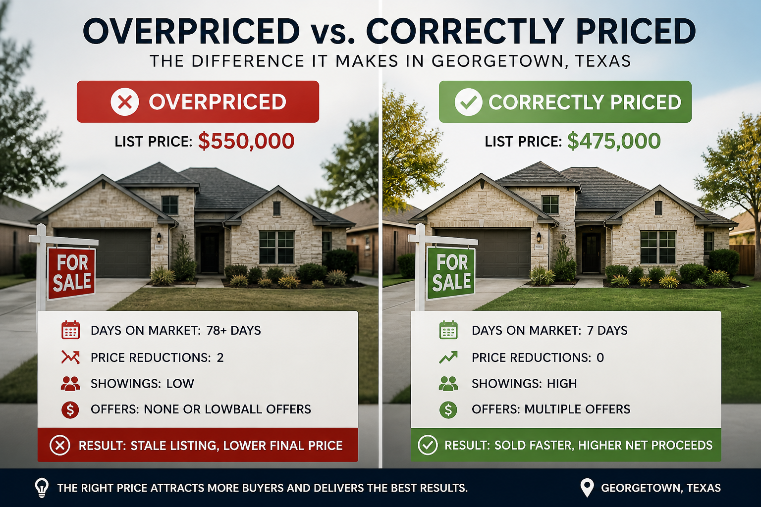 Overpriced vs correctly priced home comparison in Georgetown Texas showing impact on days on market and offers