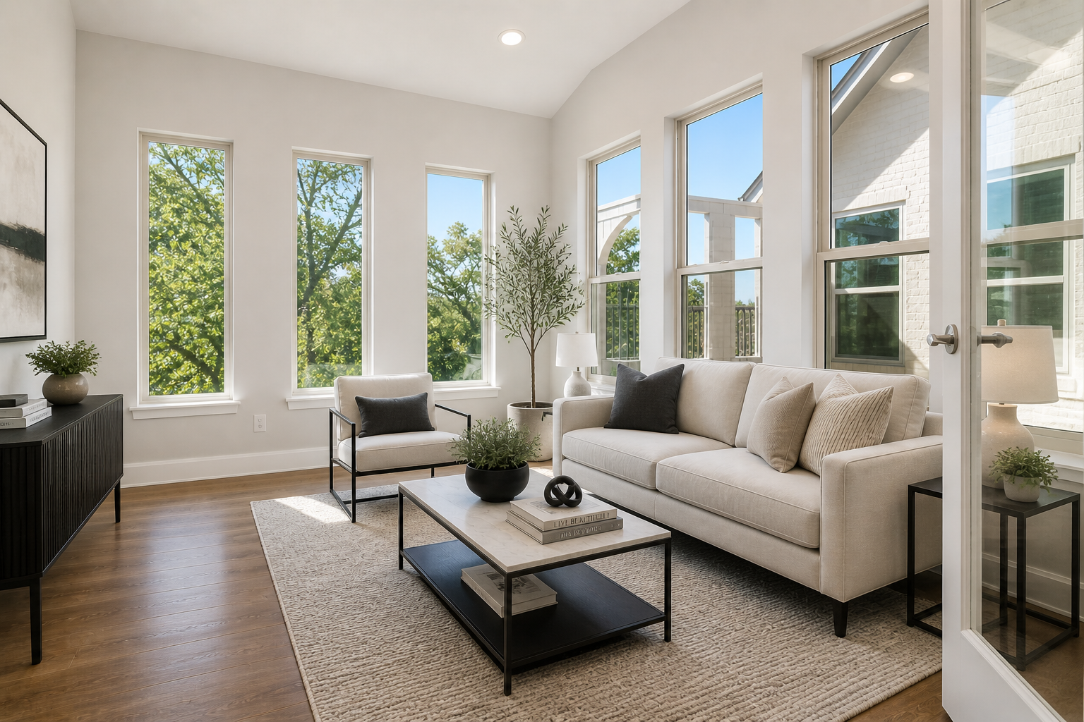 Modern partially furnished living room in Central Texas showing balanced staging when selling a home