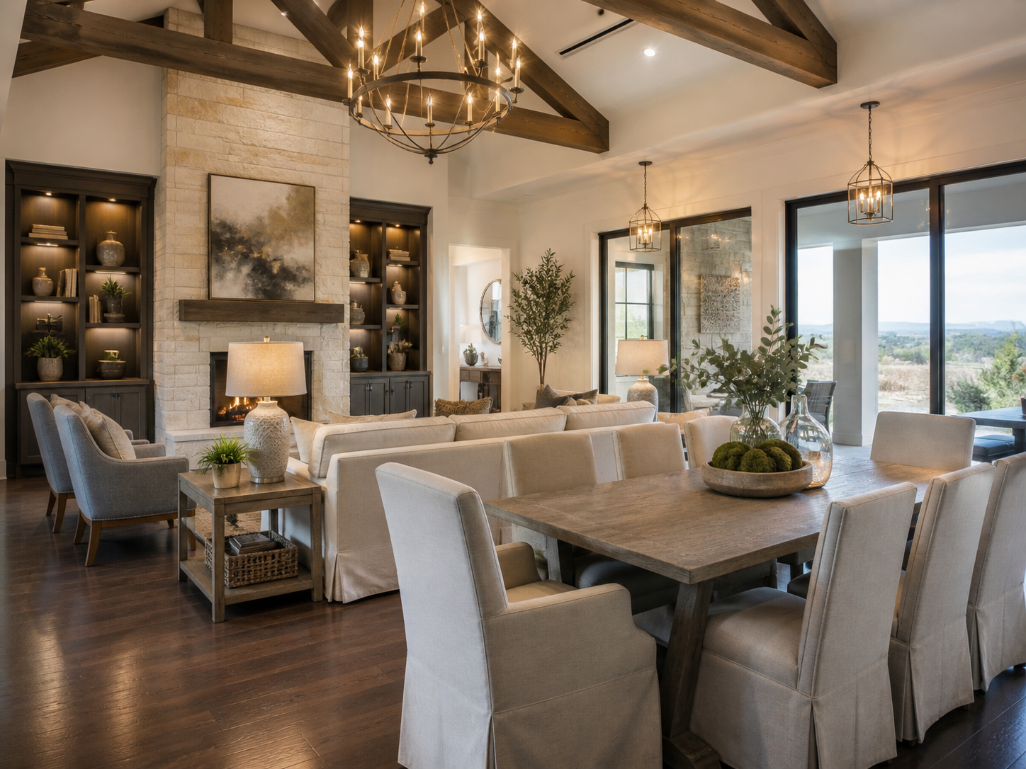 Elegant staged living and dining room in Georgetown Texas home showing high-end interior design and buyer appeal