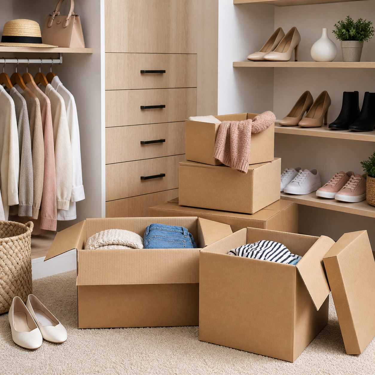 Organized packing boxes in walk-in closet during downsizing and home selling process in Central Texas