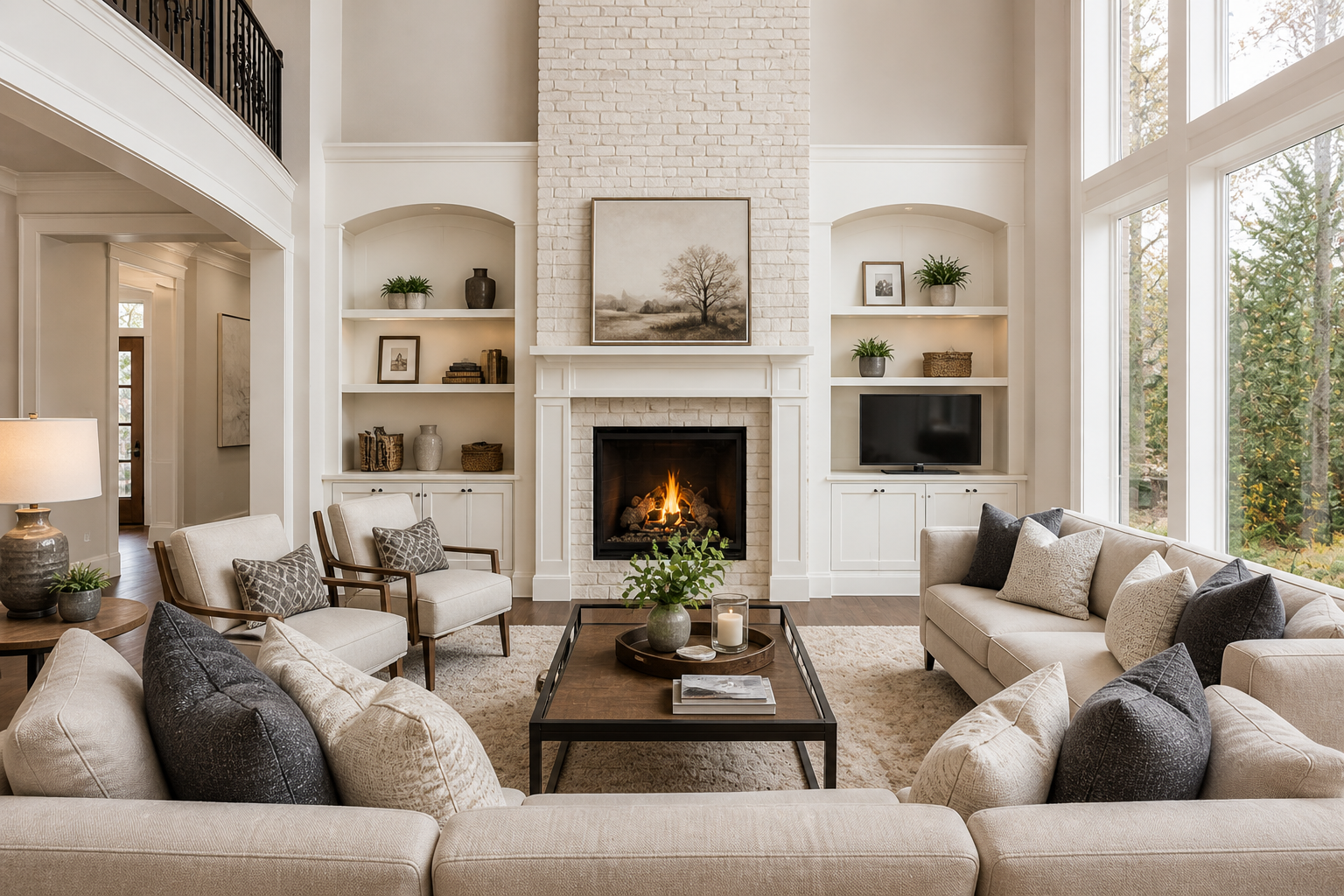 Neutral staged living room with fireplace in Central Texas home showing clean, move-in ready condition that appeals to buyers