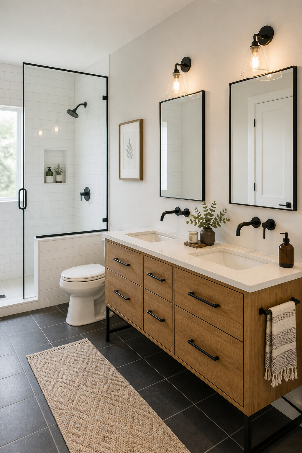 Clean modern bathroom in a Central Texas home with double vanity, neutral finishes, and simple design that appeals to buyers